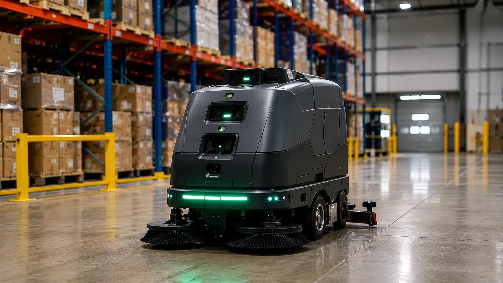 Autonomous cleaning robot operating in a warehouse facility