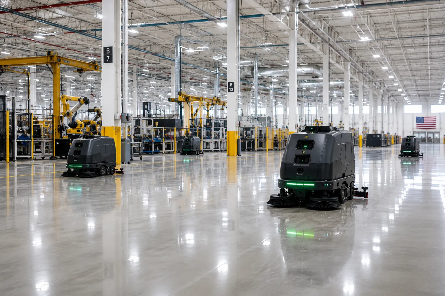 Autonomous floor-cleaning robots operating in an industrial setting