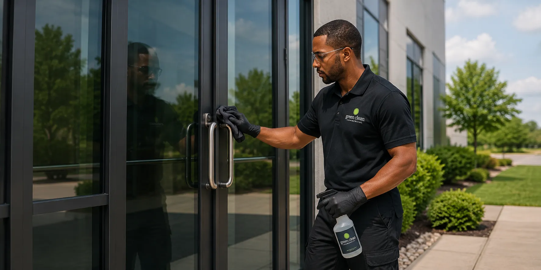 Technician cleaning industrial facility entry doors