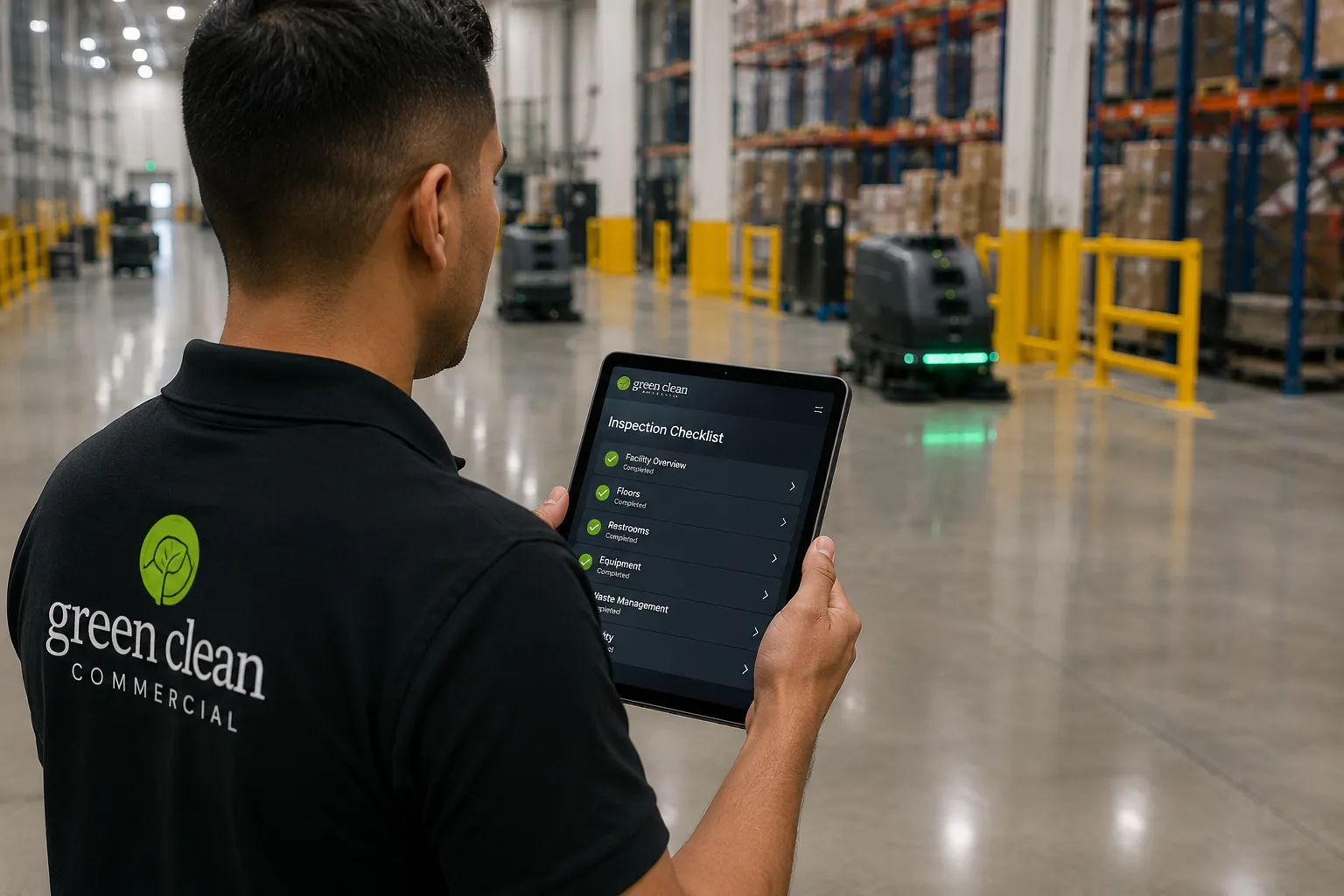 Facility manager conducting a digital inspection on a tablet